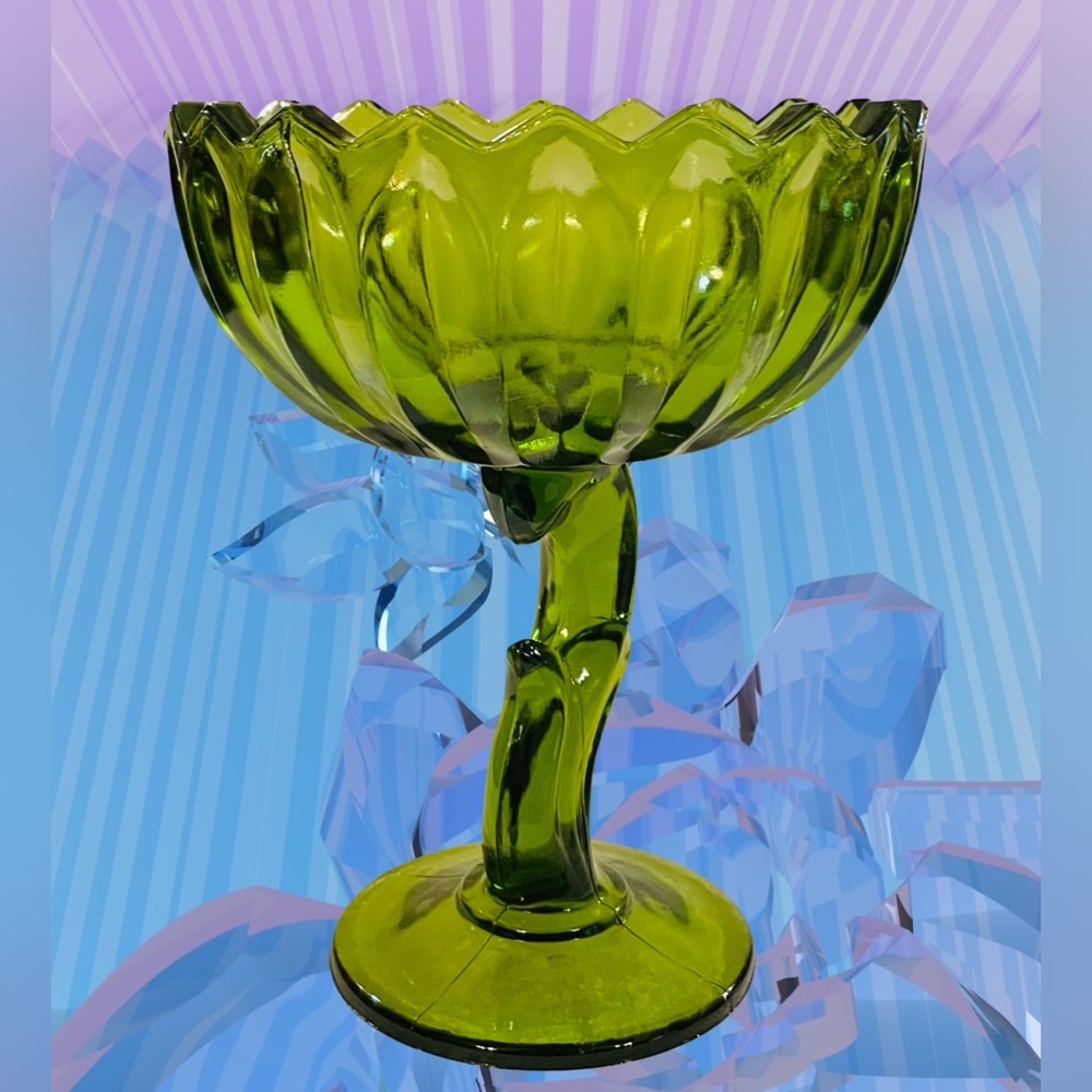 Indiana Glass Co Lotus Blossom Green Bowl/Compote with Pedestal, Carnival Glass - Picture 3 of 7